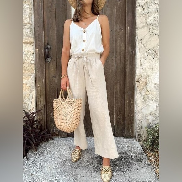 Old Navy Pants - Old Navy | Wide Leg Cream Linen Pants~L